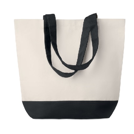 Płócienna torba na zakupy o gramaturze 280gr/m² z kolorowymi detalami na dole i pasującymi uchwytami.