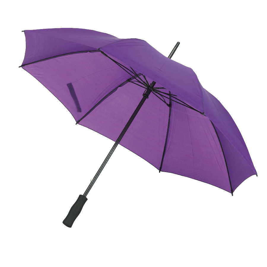Fioletowy parasol posiada poszycie z nylonu 190T, czarne szyny z włókna szklanego, kolce z tworzywa sztucznego, ma lekką laskę z włókna szklanego