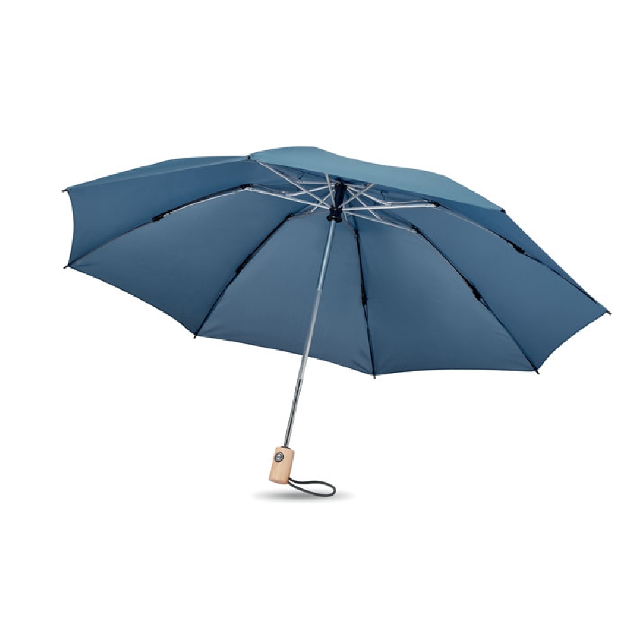 Niebieski parasol ekologiczny; 23-calowy 3-krotnie składany, żebra z włókna szklanego, posiada bambusową rączkę