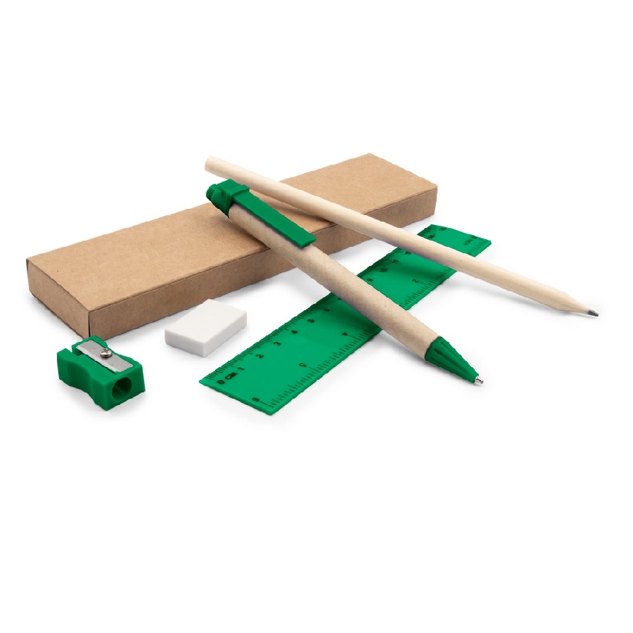 Zestaw szkolny, piórnik, ołówek, długopis, linijka, gumka i temperówka - zielony zestaw