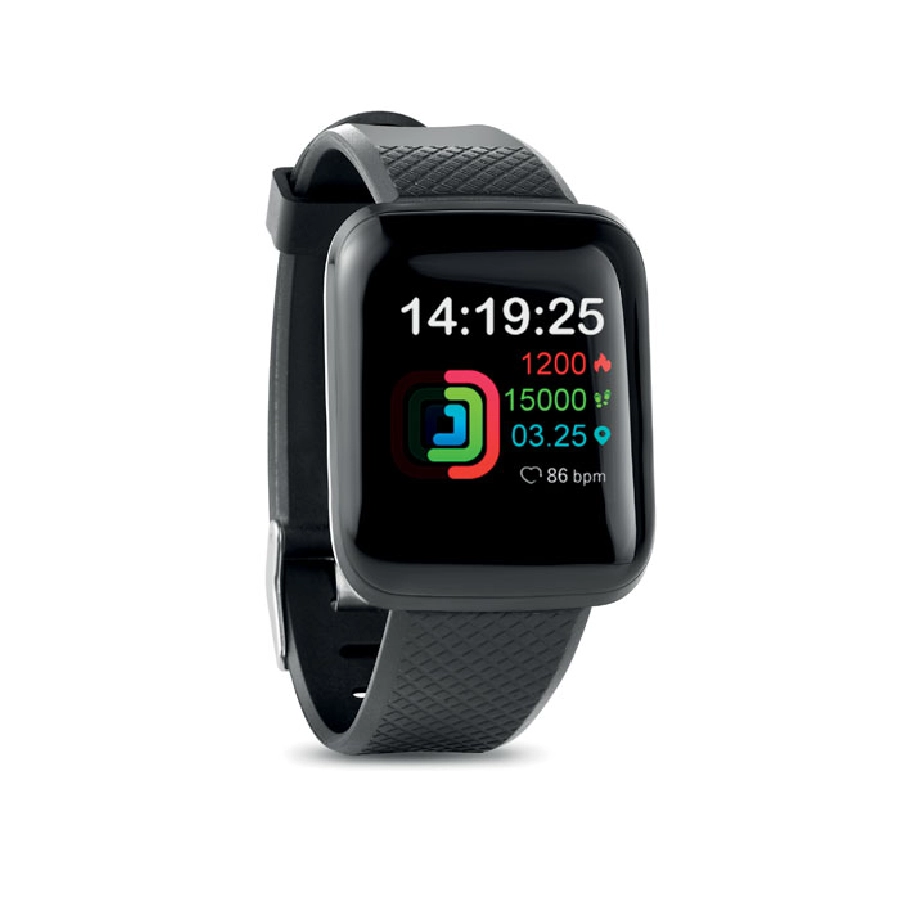 Monitorujący smartwatch - posiada funkcje: alarm bezruchu, monitorowanie ciśnienia krwi, tętna, wyświetlanie połączeń przychodzących i powiadomień z mediów społecznościowych. Wymaga bezpłatnej aplikacji dostępnej zarówno w systemie iOS jak i Android