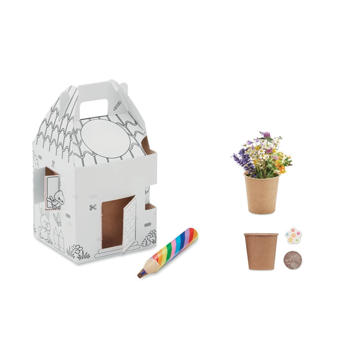Zestaw do uprawy roślin dla dzieci w kształcie domu; zawiera nasiona kwiatów miododajnych i wielokolorowy drewniany ołówek